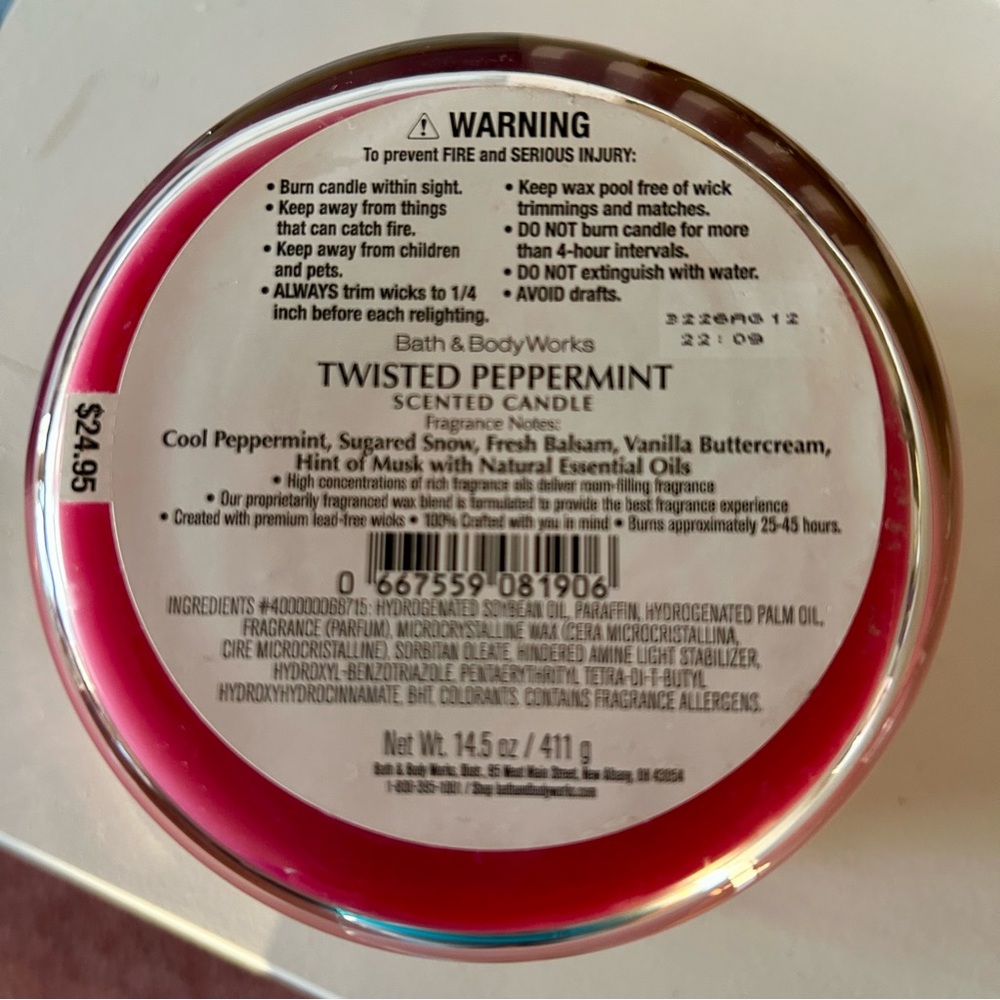 Bath & Body Works, large 3-wick candle, “Twisted Peppermint “ scent, NEW - Picture 5 of 7